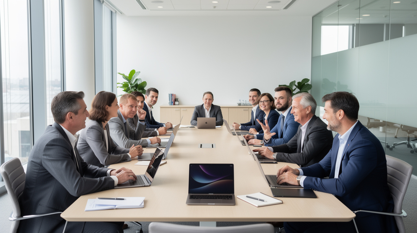 Executives seated around a table during a business roundtable meeting