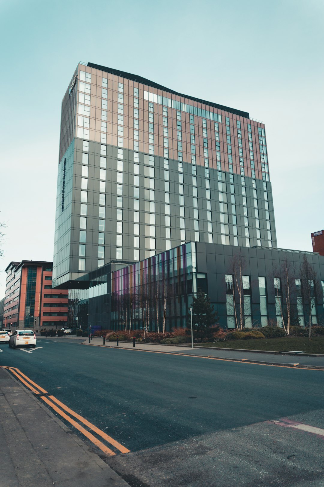 Modern glass office building exterior in a European city