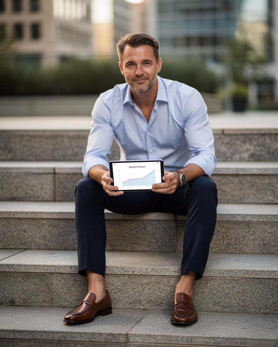 European businessman reading on a tablet while sitting outdoors